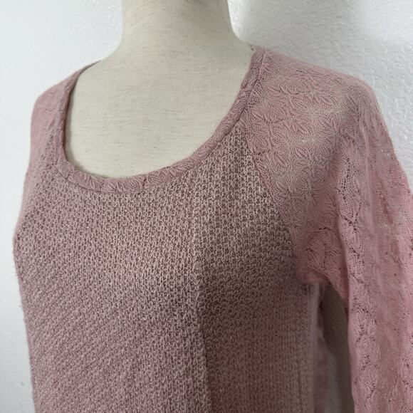 Anthropologie One September Top Small Dusty Rose Lace Feather Boho Mixed Thermal - Picture 7 of 16